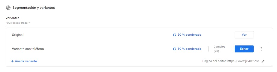 Area variantes Google optimize