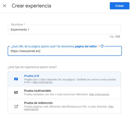 Crear experiencia Google optimize