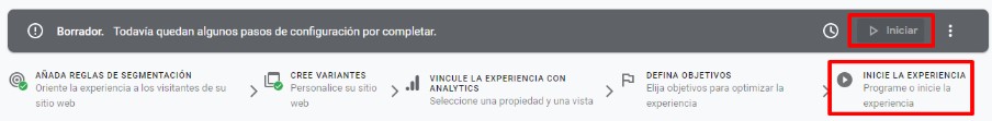Iniciar Experimento Google optimize